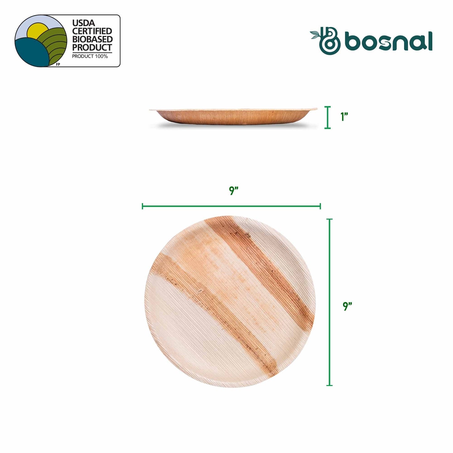 Bosnal - Palm Leaf Biodegradable Plates, 9 inch, Round